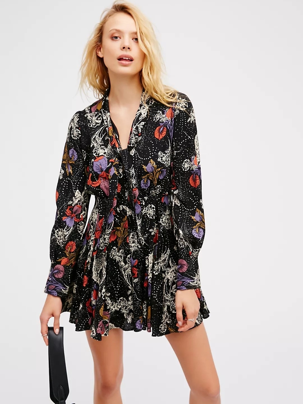 Free People Dress Womens 8 Black Floral Long-Sleeve V-Neck Mini Pleated Boho
